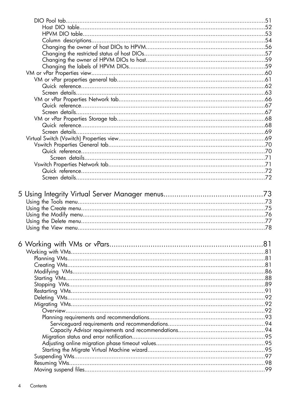 5 using integrity virtual server manager menus, 6 working with vms or vpars | HP Matrix Operating Environment Software User Manual | Page 4 / 142