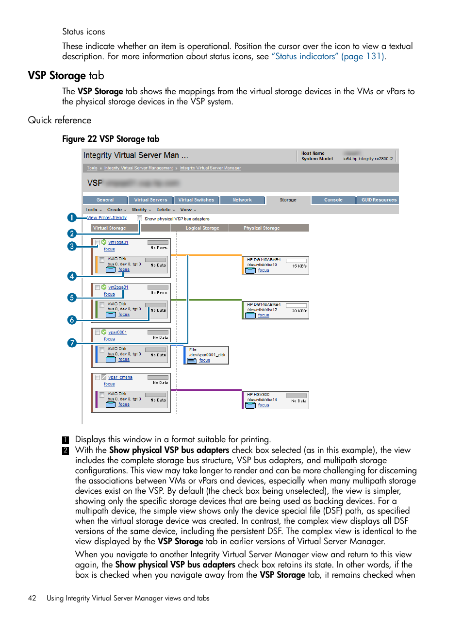 Vsp storage tab, Quick reference | HP Matrix Operating Environment Software User Manual | Page 42 / 142