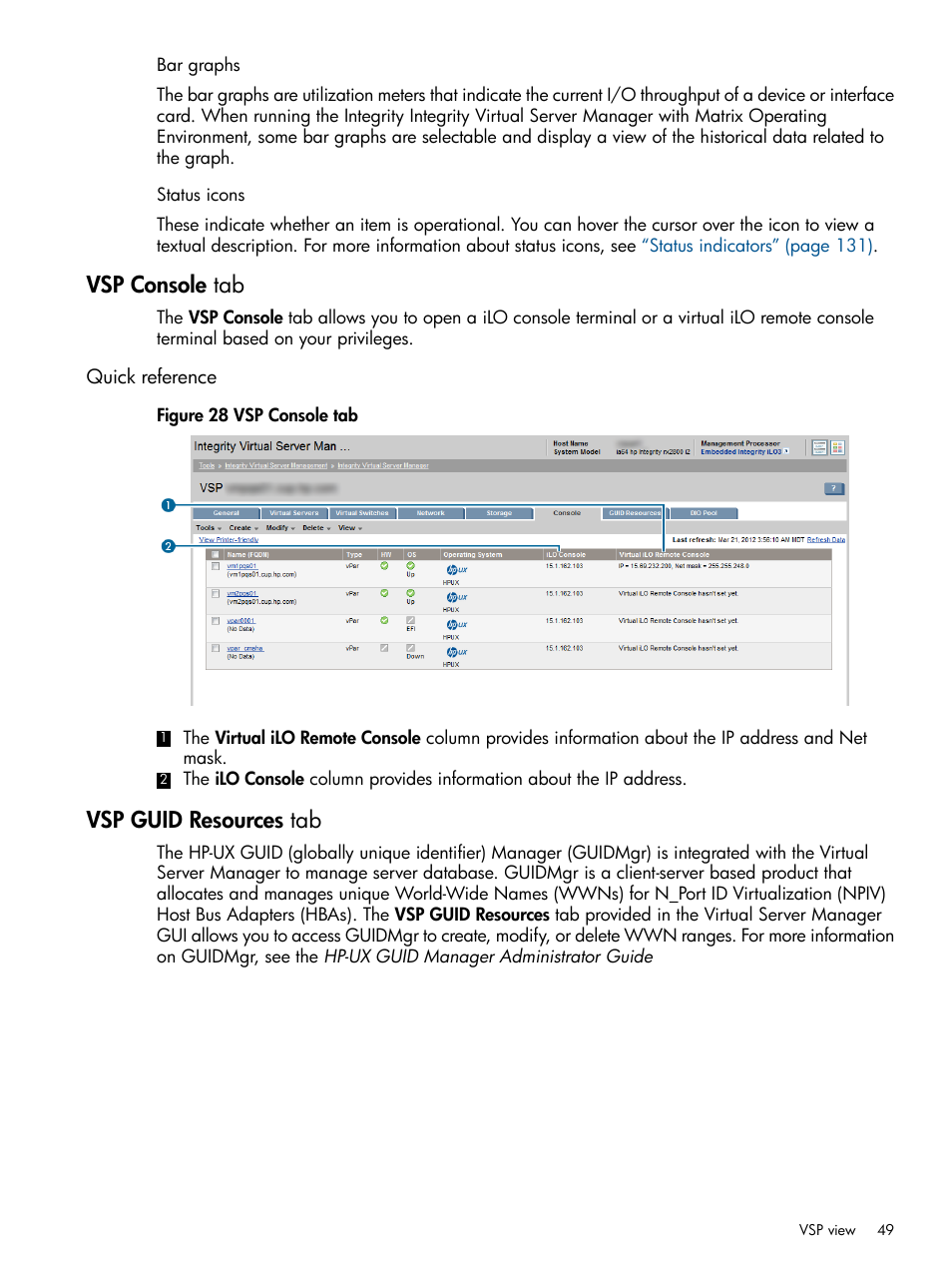 Vsp console tab, Quick reference, Vsp guid resources tab | HP Matrix Operating Environment Software User Manual | Page 49 / 142