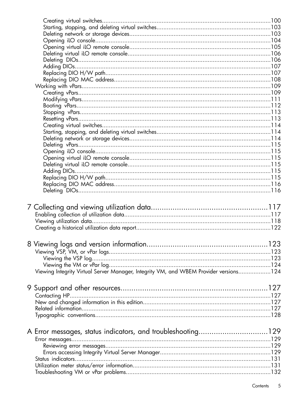 7 collecting and viewing utilization data, 8 viewing logs and version information, 9 support and other resources | HP Matrix Operating Environment Software User Manual | Page 5 / 142