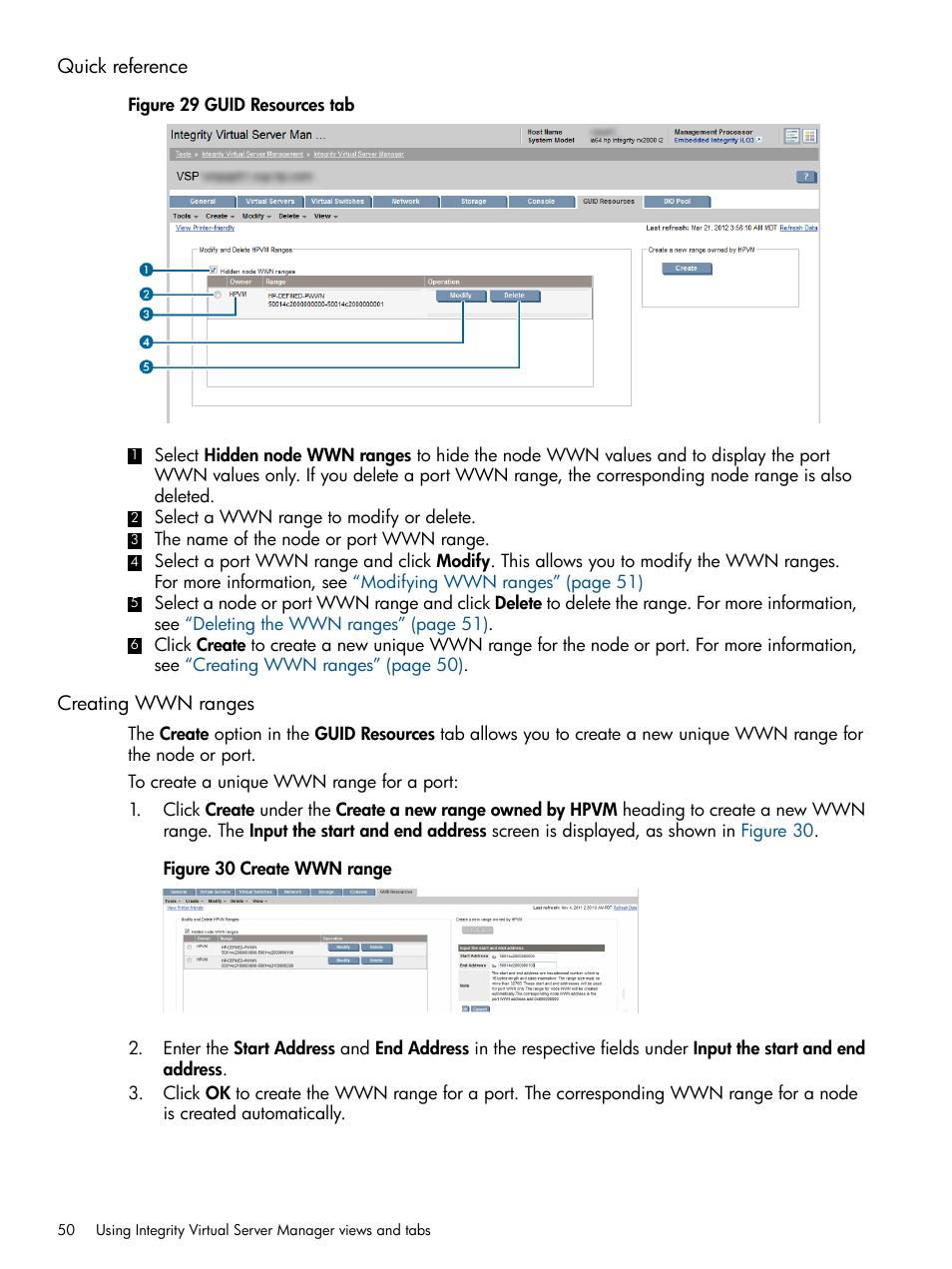 Quick reference, Creating wwn ranges, Quick reference creating wwn ranges | HP Matrix Operating Environment Software User Manual | Page 50 / 142