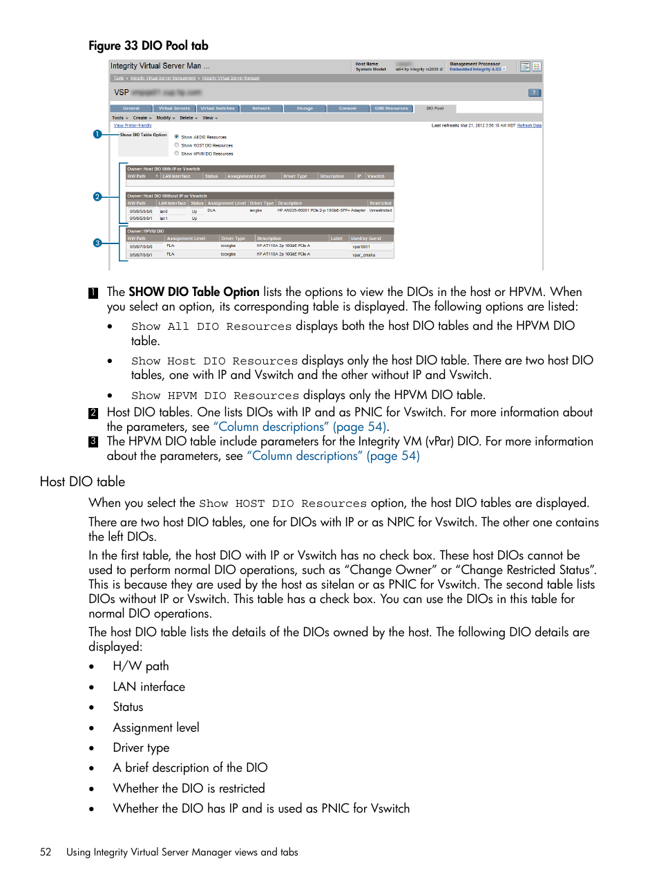 Host dio table | HP Matrix Operating Environment Software User Manual | Page 52 / 142