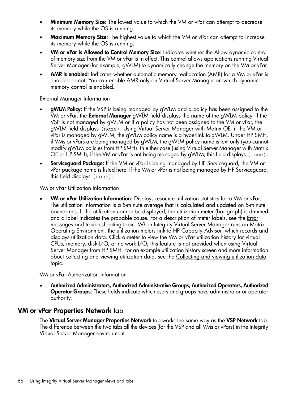Vm or vpar properties network tab | HP Matrix Operating Environment Software User Manual | Page 66 / 142