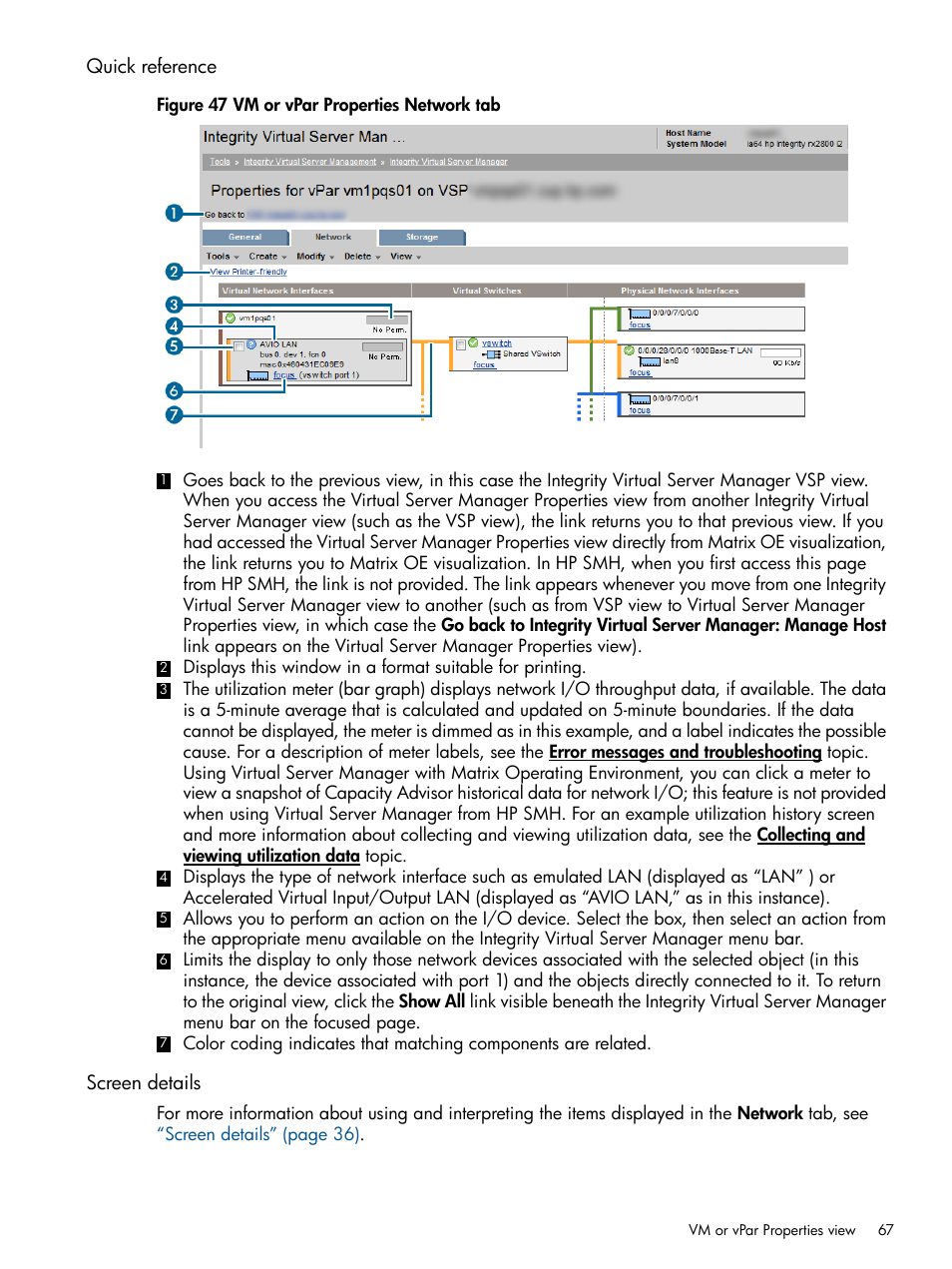 Quick reference, Screen details, Quick reference screen details | HP Matrix Operating Environment Software User Manual | Page 67 / 142