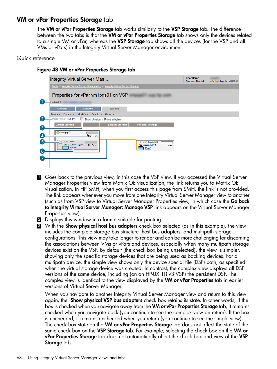 Vm or vpar properties storage tab, Quick reference | HP Matrix Operating Environment Software User Manual | Page 68 / 142