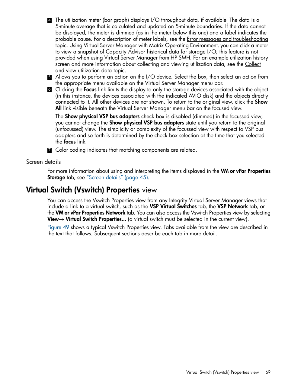 Screen details, Virtual switch (vswitch) properties view | HP Matrix Operating Environment Software User Manual | Page 69 / 142