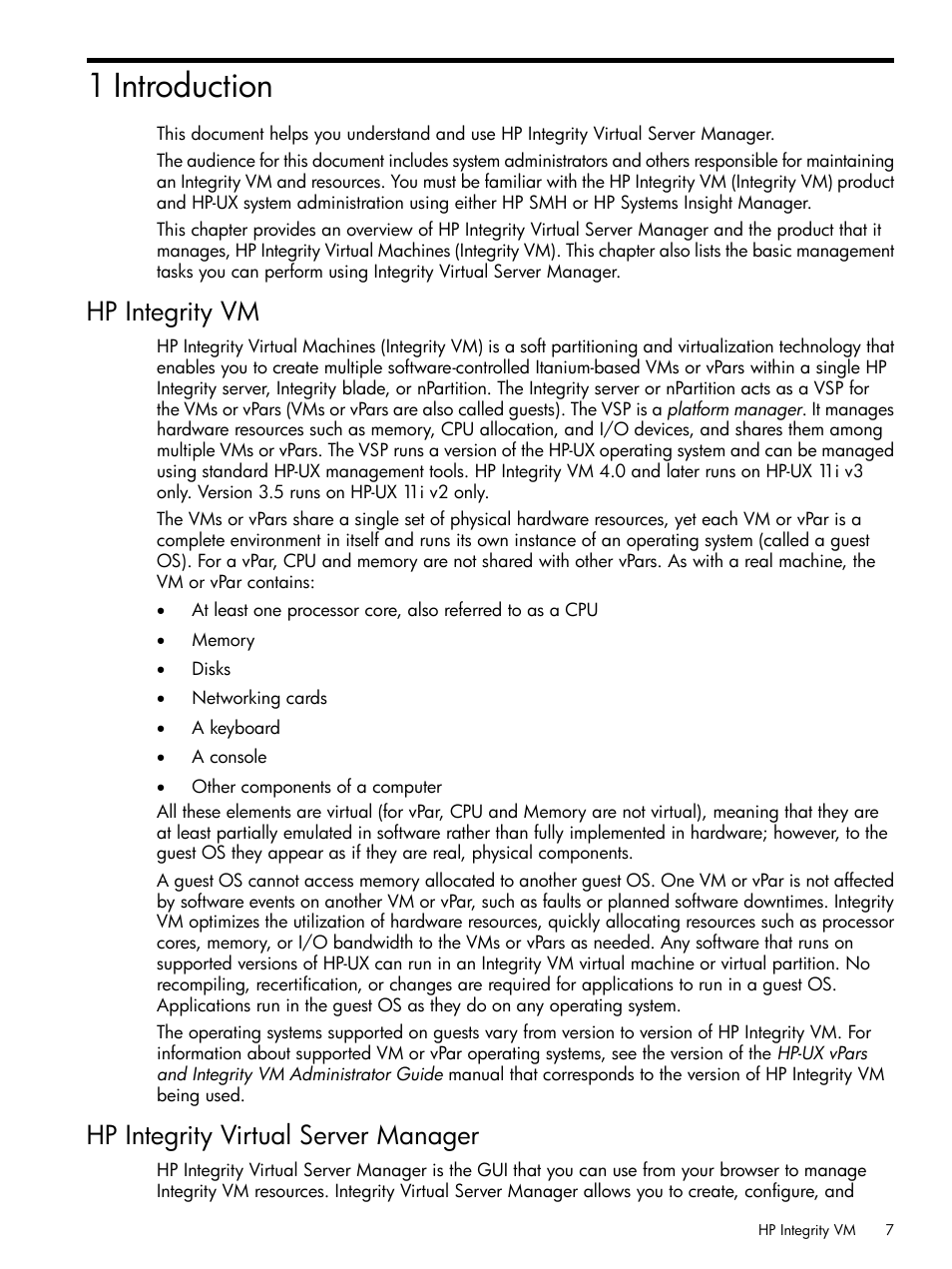 1 introduction, Hp integrity vm, Hp integrity virtual server manager | HP Matrix Operating Environment Software User Manual | Page 7 / 142