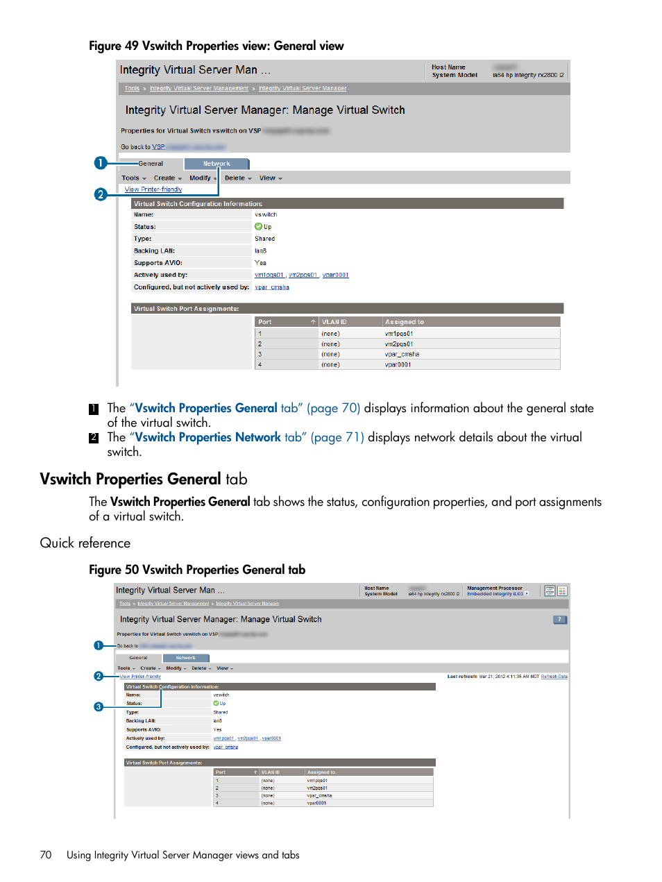 Vswitch properties general tab, Quick reference | HP Matrix Operating Environment Software User Manual | Page 70 / 142