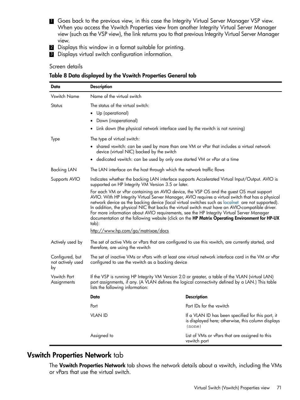 Screen details, Vswitch properties network tab | HP Matrix Operating Environment Software User Manual | Page 71 / 142