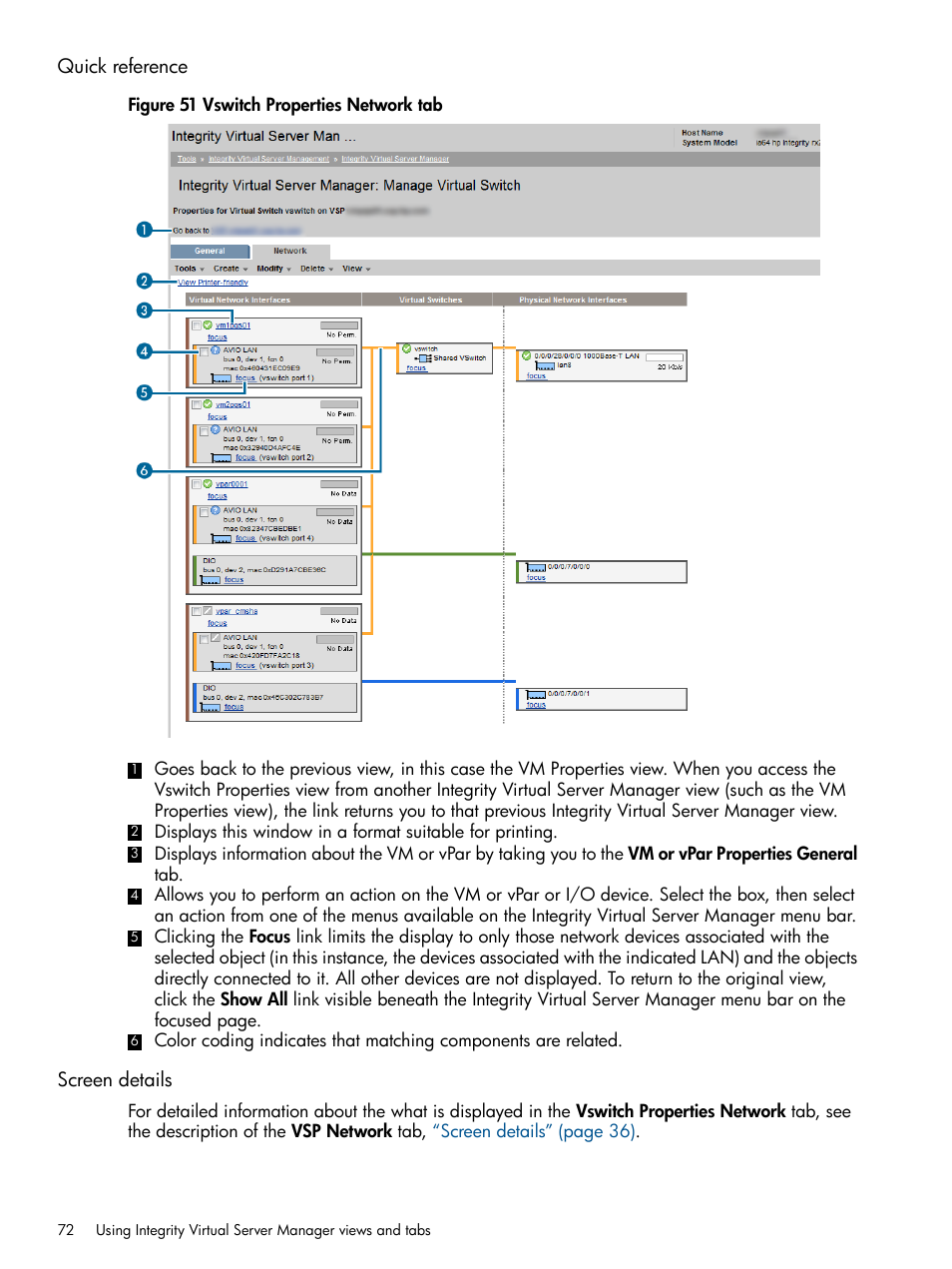 Quick reference, Screen details, Quick reference screen details | HP Matrix Operating Environment Software User Manual | Page 72 / 142