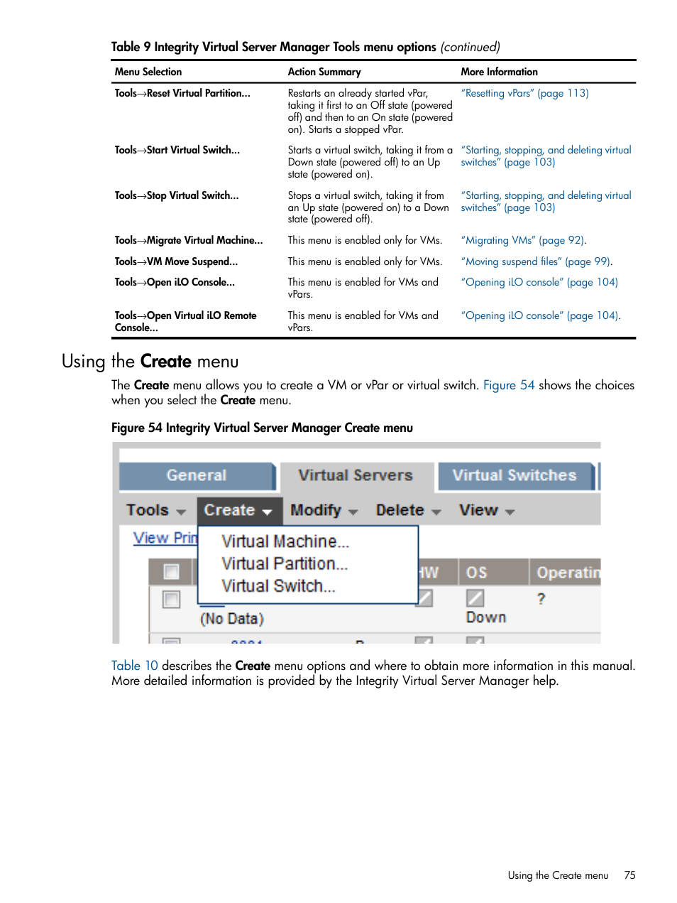 Using the create menu | HP Matrix Operating Environment Software User Manual | Page 75 / 142