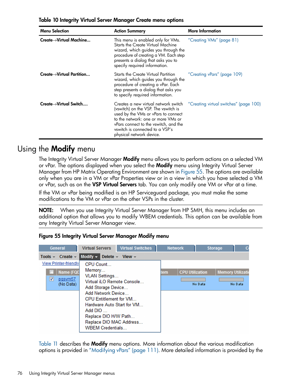 Using the modify menu, Table 10 | HP Matrix Operating Environment Software User Manual | Page 76 / 142