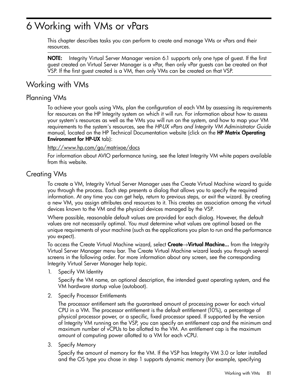 6 working with vms or vpars, Working with vms, Planning vms | Creating vms, Planning vms creating vms | HP Matrix Operating Environment Software User Manual | Page 81 / 142