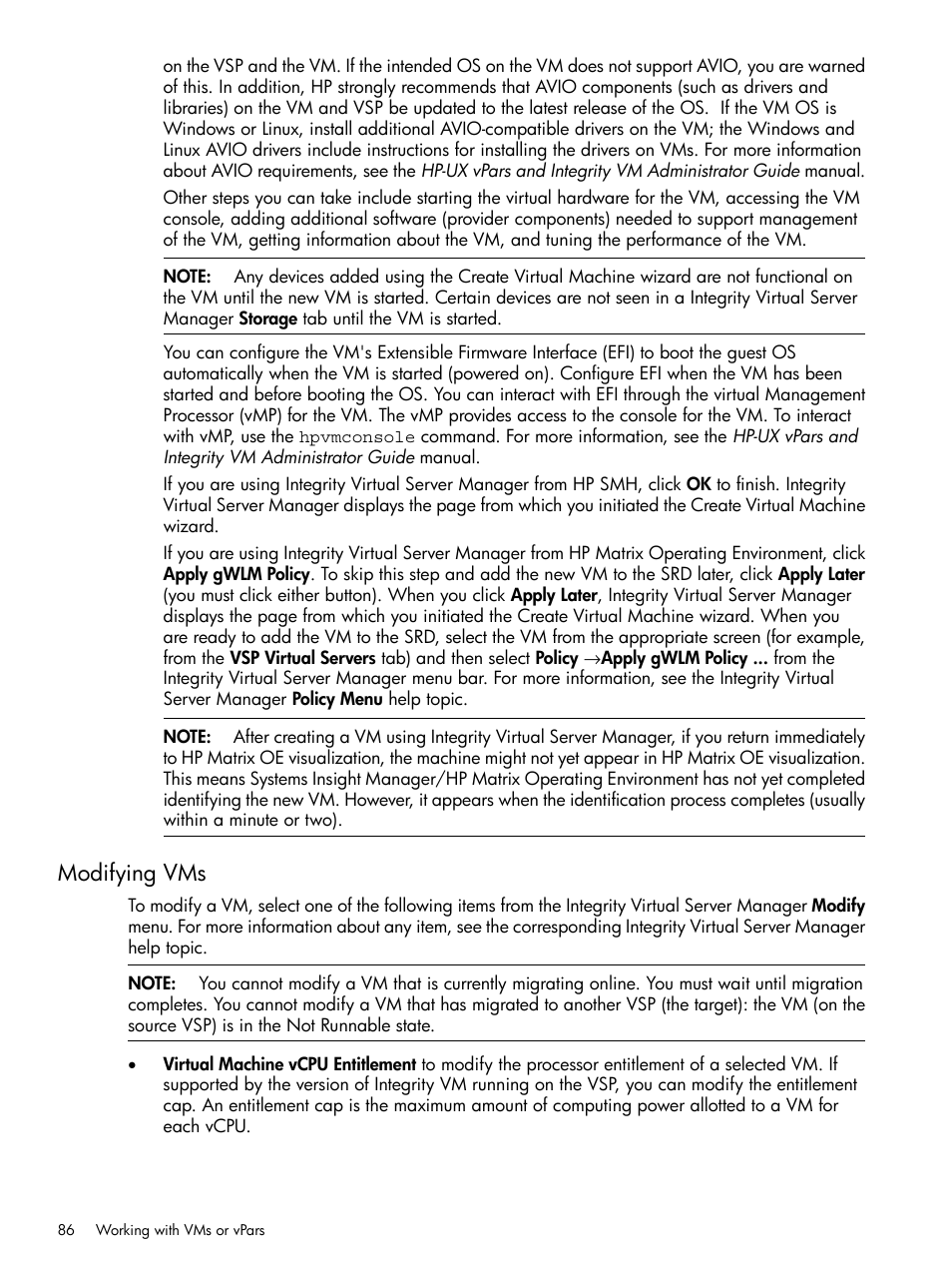 Modifying vms | HP Matrix Operating Environment Software User Manual | Page 86 / 142