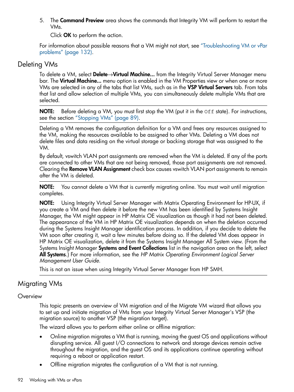 Deleting vms, Migrating vms, Overview | Deleting vms migrating vms, Migrating | HP Matrix Operating Environment Software User Manual | Page 92 / 142