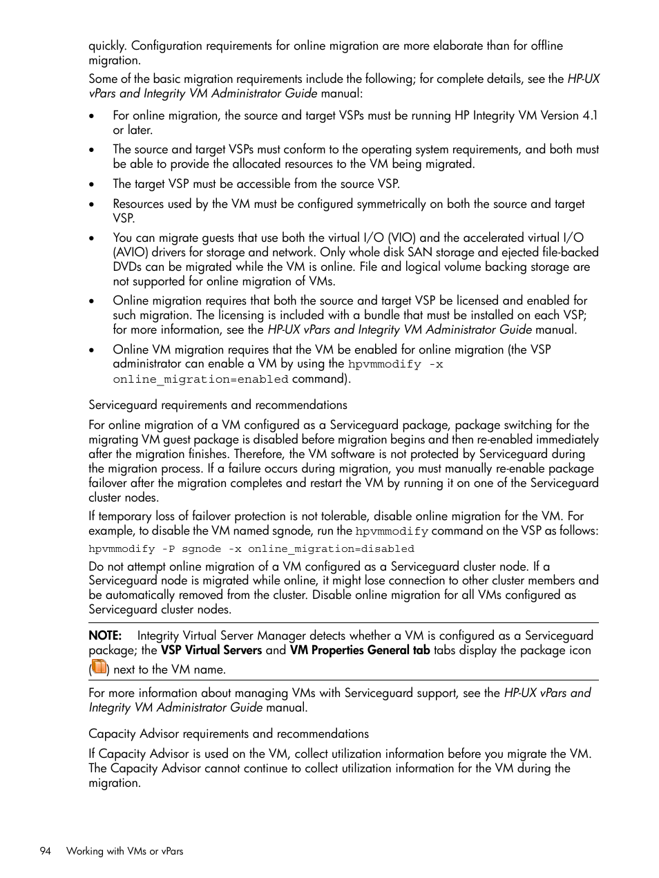 Serviceguard requirements and recommendations, Capacity advisor requirements and recommendations | HP Matrix Operating Environment Software User Manual | Page 94 / 142