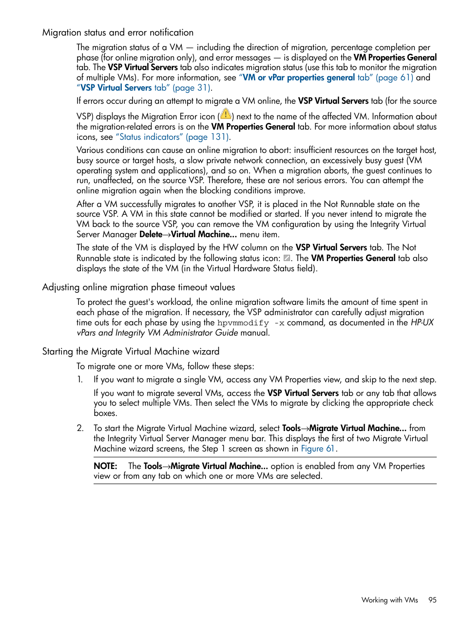 Migration status and error notification, Adjusting online migration phase timeout values, Starting the migrate virtual machine wizard | Starting the migrate virtual | HP Matrix Operating Environment Software User Manual | Page 95 / 142