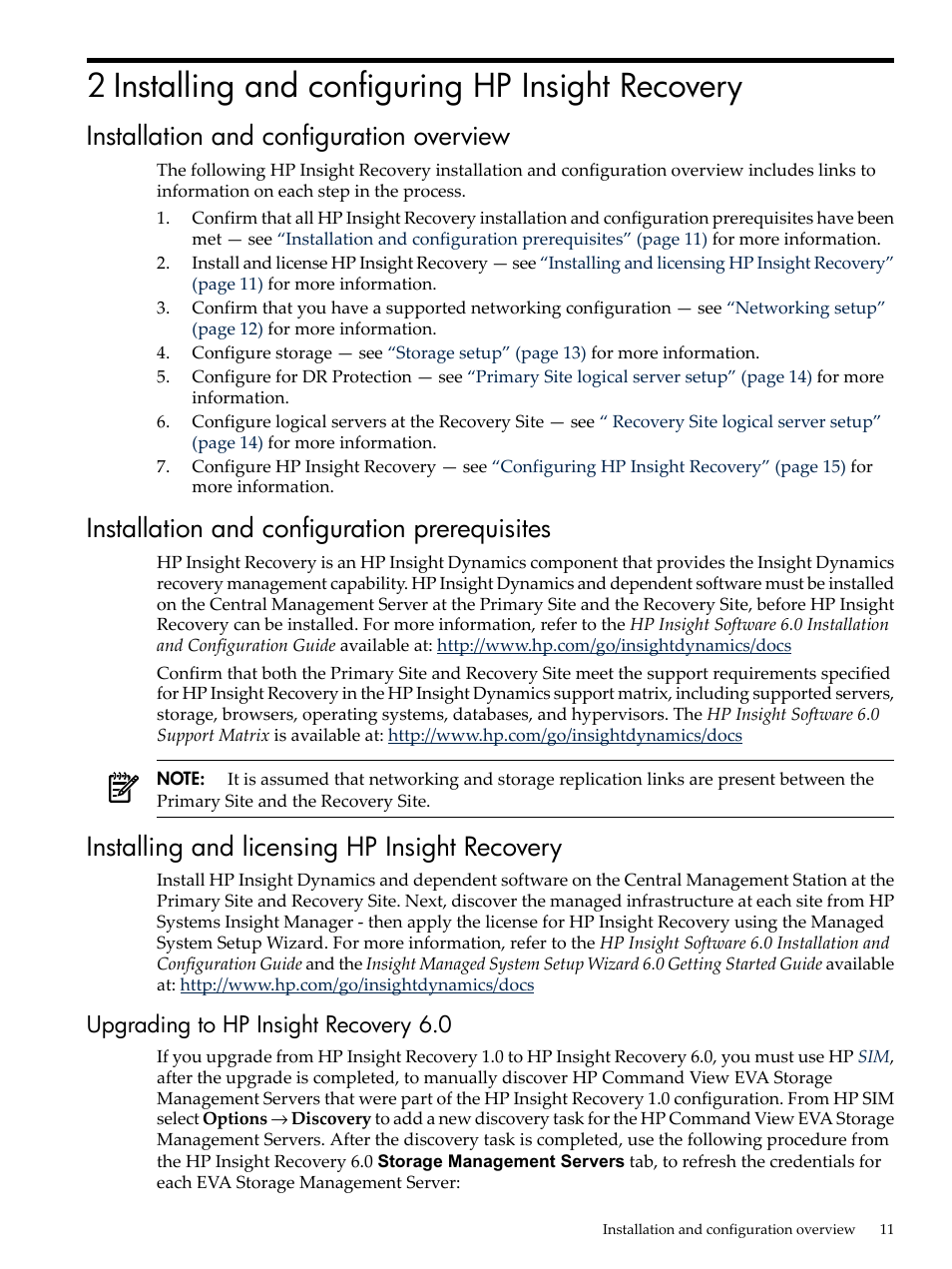 2 installing and configuring hp insight recovery, Installation and configuration overview, Installation and configuration prerequisites | Installing and licensing hp insight recovery, Upgrading to hp insight recovery 6.0 | HP Matrix Operating Environment Software User Manual | Page 11 / 34