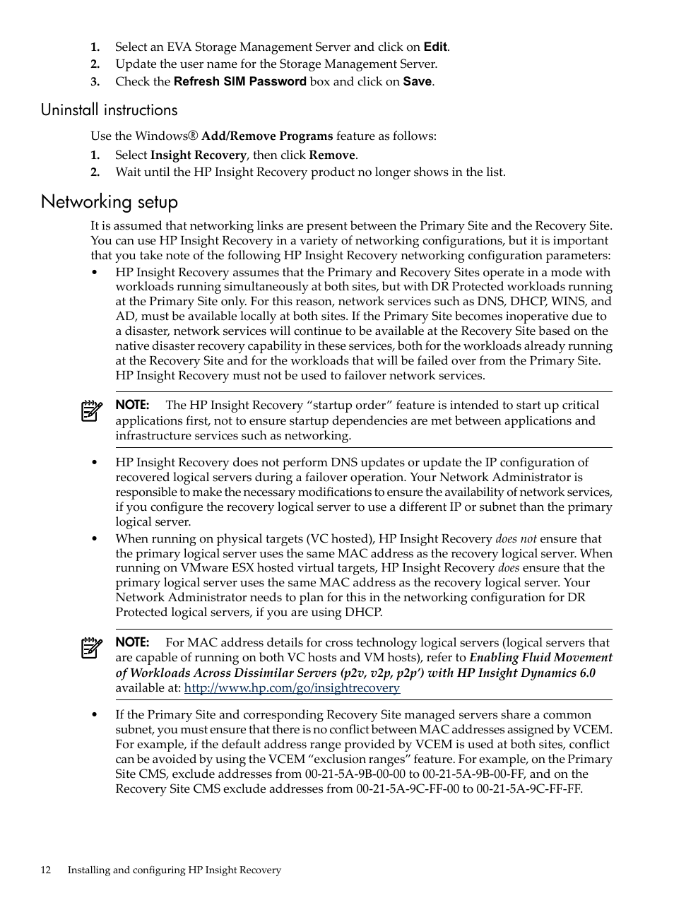 Uninstall instructions, Networking setup | HP Matrix Operating Environment Software User Manual | Page 12 / 34