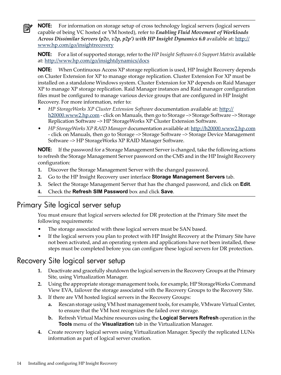 Primary site logical server setup, Recovery site logical server setup | HP Matrix Operating Environment Software User Manual | Page 14 / 34