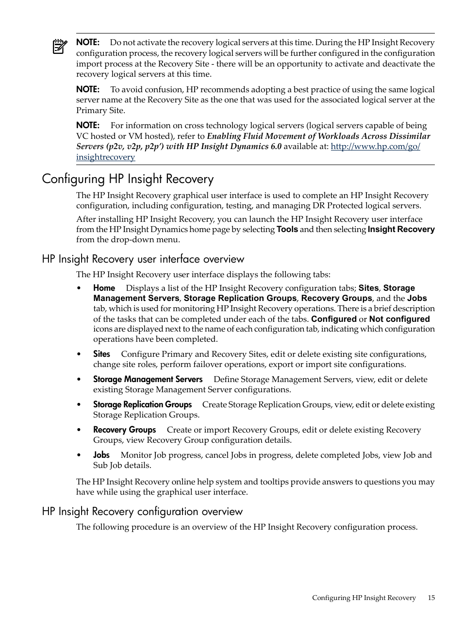 Configuring hp insight recovery, Hp insight recovery user interface overview, Hp insight recovery configuration overview | HP Matrix Operating Environment Software User Manual | Page 15 / 34