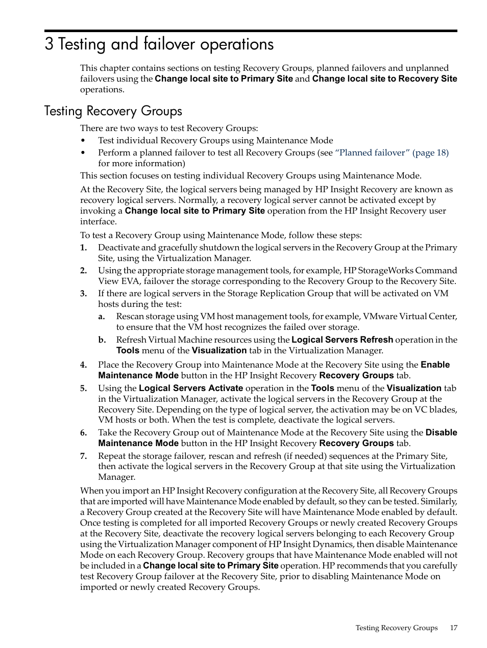 3 testing and failover operations, Testing recovery groups, Testing recovery | HP Matrix Operating Environment Software User Manual | Page 17 / 34