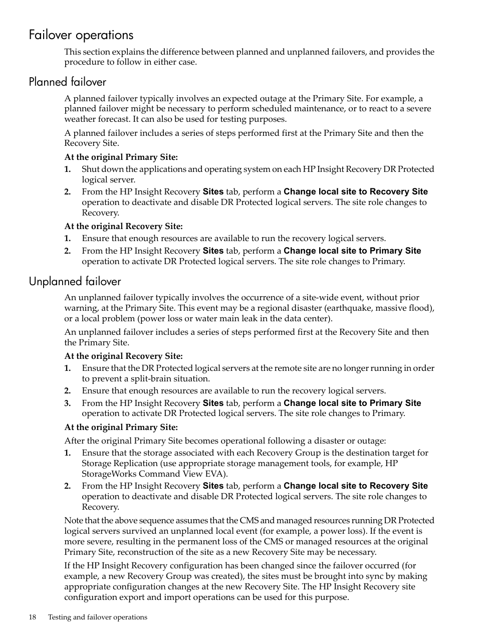 Failover operations, Planned failover, Unplanned failover | Planned failover unplanned failover | HP Matrix Operating Environment Software User Manual | Page 18 / 34