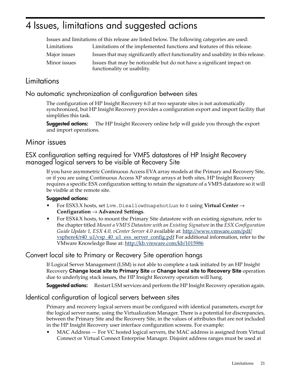 4 issues, limitations and suggested actions, Limitations, Minor issues | HP Matrix Operating Environment Software User Manual | Page 21 / 34