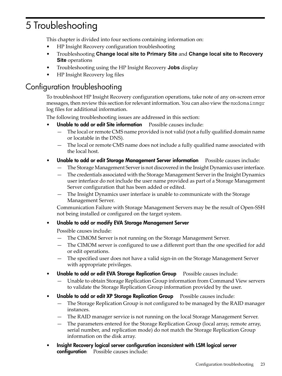 5 troubleshooting, Configuration troubleshooting | HP Matrix Operating Environment Software User Manual | Page 23 / 34