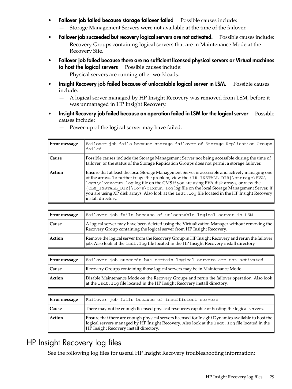 Hp insight recovery log files | HP Matrix Operating Environment Software User Manual | Page 29 / 34