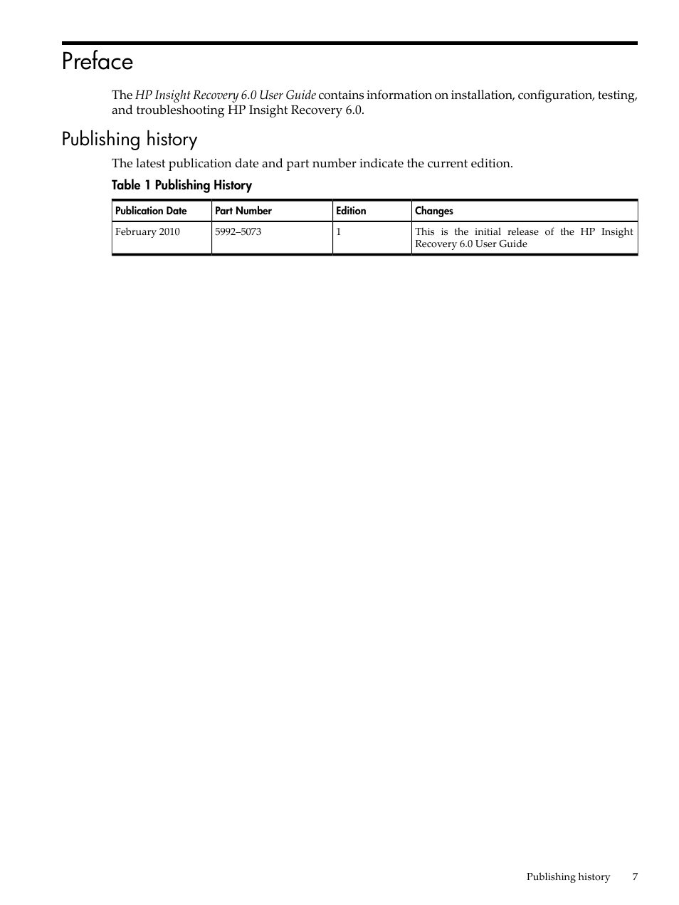 Preface, Publishing history | HP Matrix Operating Environment Software User Manual | Page 7 / 34