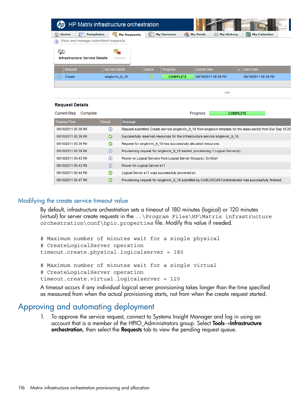 Modifying the create service timeout value, Approving and automating deployment | HP Matrix Operating Environment Software User Manual | Page 116 / 209