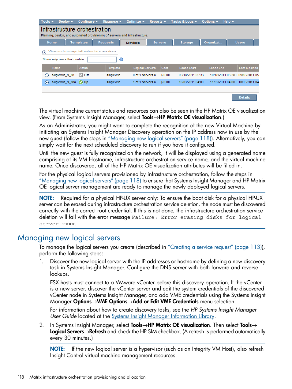 Managing new logical servers | HP Matrix Operating Environment Software User Manual | Page 118 / 209