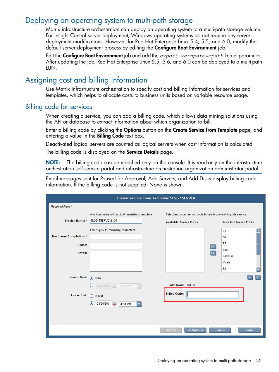 Assigning cost and billing information, Billing code for services | HP Matrix Operating Environment Software User Manual | Page 121 / 209