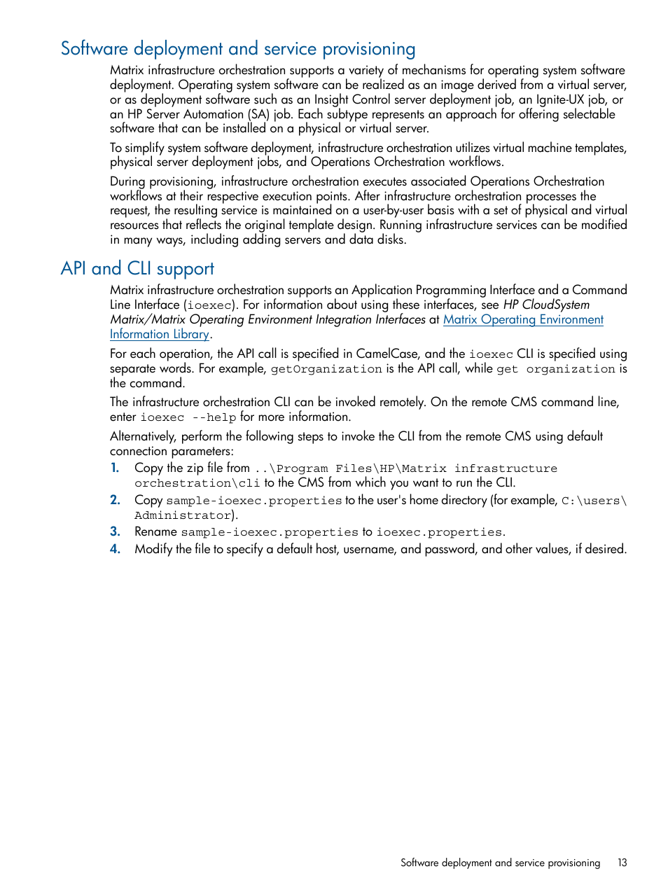 Software deployment and service provisioning, Api and cli support | HP Matrix Operating Environment Software User Manual | Page 13 / 209