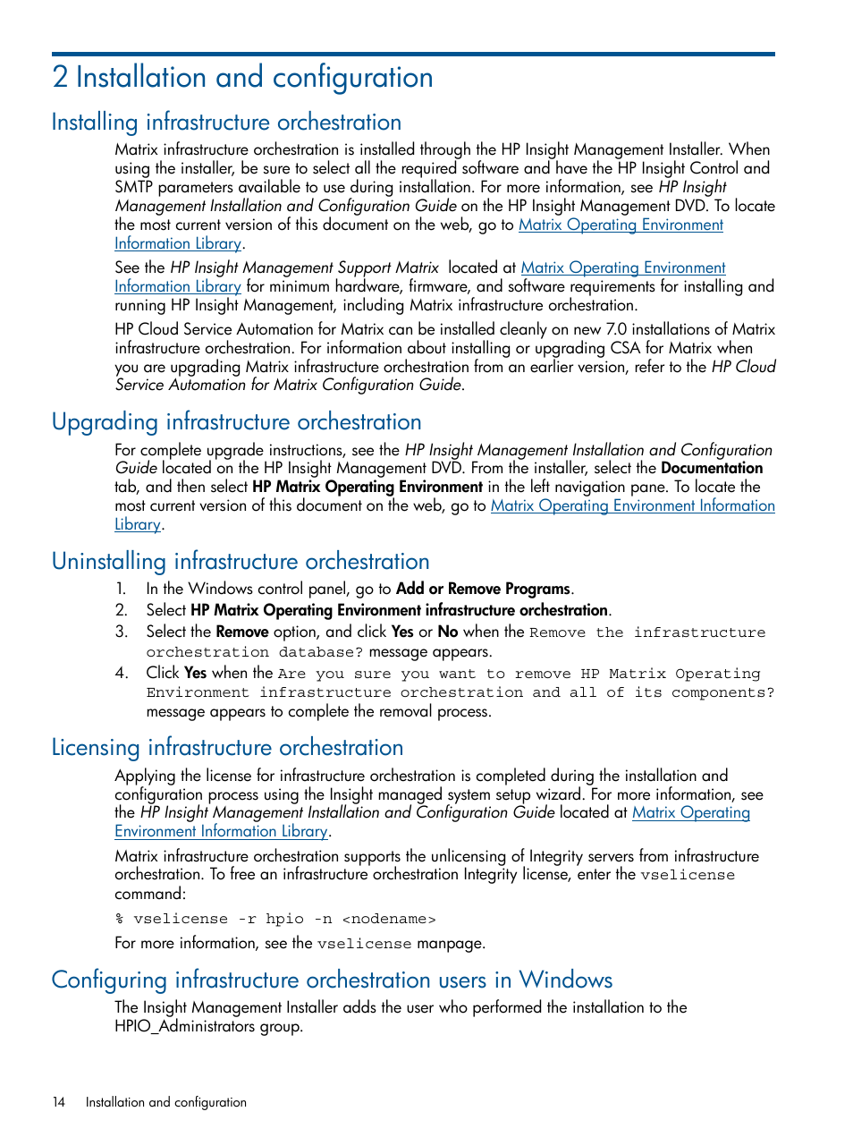 2 installation and configuration, Installing infrastructure orchestration, Upgrading infrastructure orchestration | Uninstalling infrastructure orchestration, Licensing infrastructure orchestration | HP Matrix Operating Environment Software User Manual | Page 14 / 209