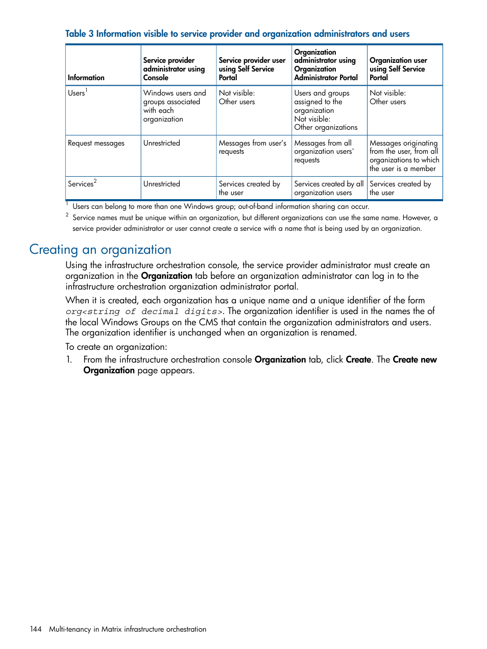 Creating an organization, Creating an | HP Matrix Operating Environment Software User Manual | Page 144 / 209