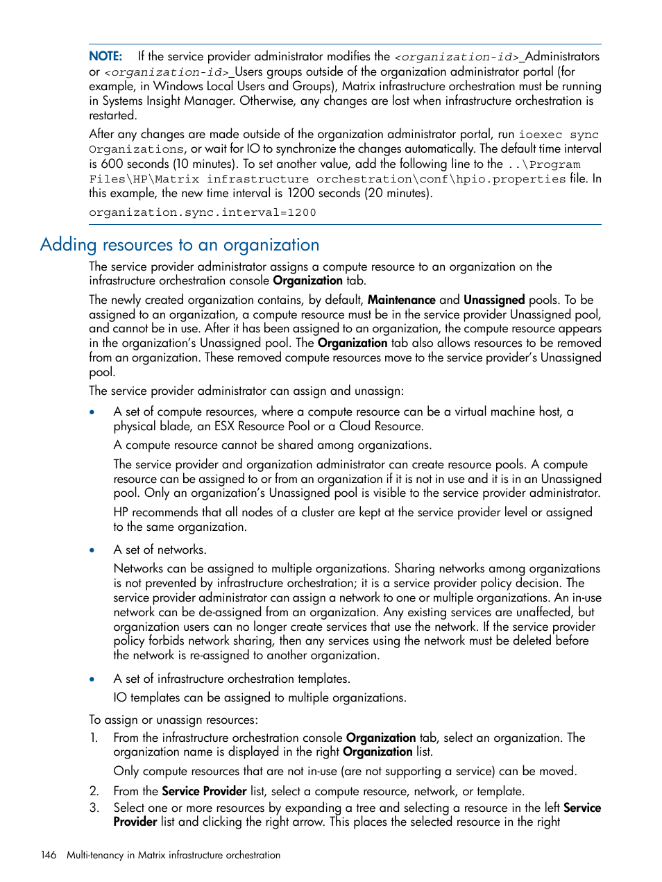 Adding resources to an organization | HP Matrix Operating Environment Software User Manual | Page 146 / 209