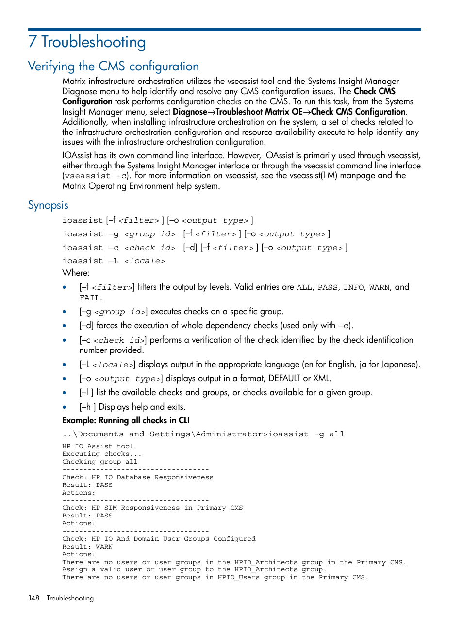 7 troubleshooting, Verifying the cms configuration, Synopsis | HP Matrix Operating Environment Software User Manual | Page 148 / 209