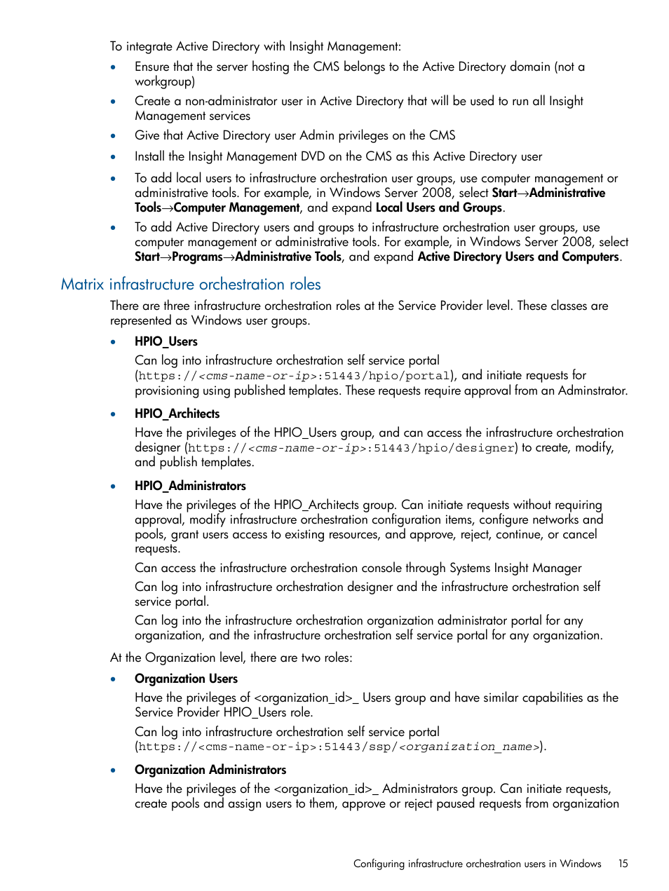 Matrix infrastructure orchestration roles | HP Matrix Operating Environment Software User Manual | Page 15 / 209