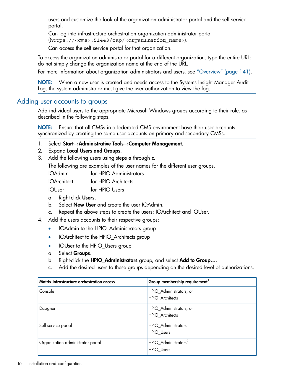 Adding user accounts to groups | HP Matrix Operating Environment Software User Manual | Page 16 / 209