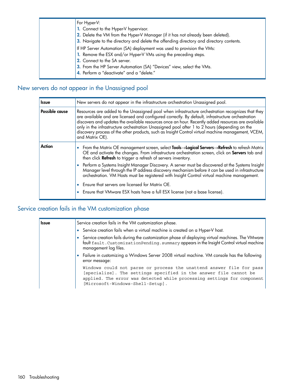 New servers do not appear in the unassigned pool | HP Matrix Operating Environment Software User Manual | Page 160 / 209