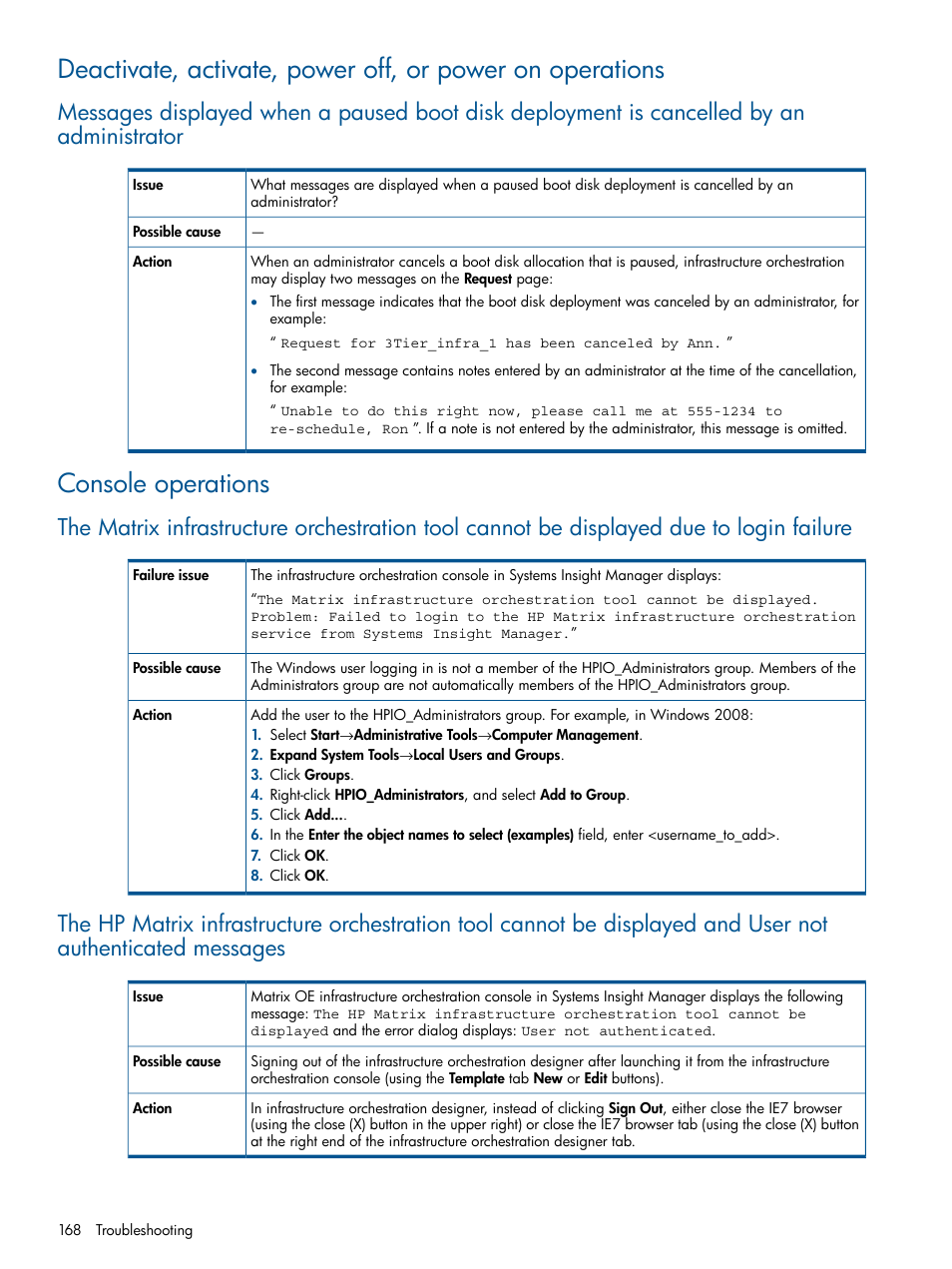 Console operations | HP Matrix Operating Environment Software User Manual | Page 168 / 209