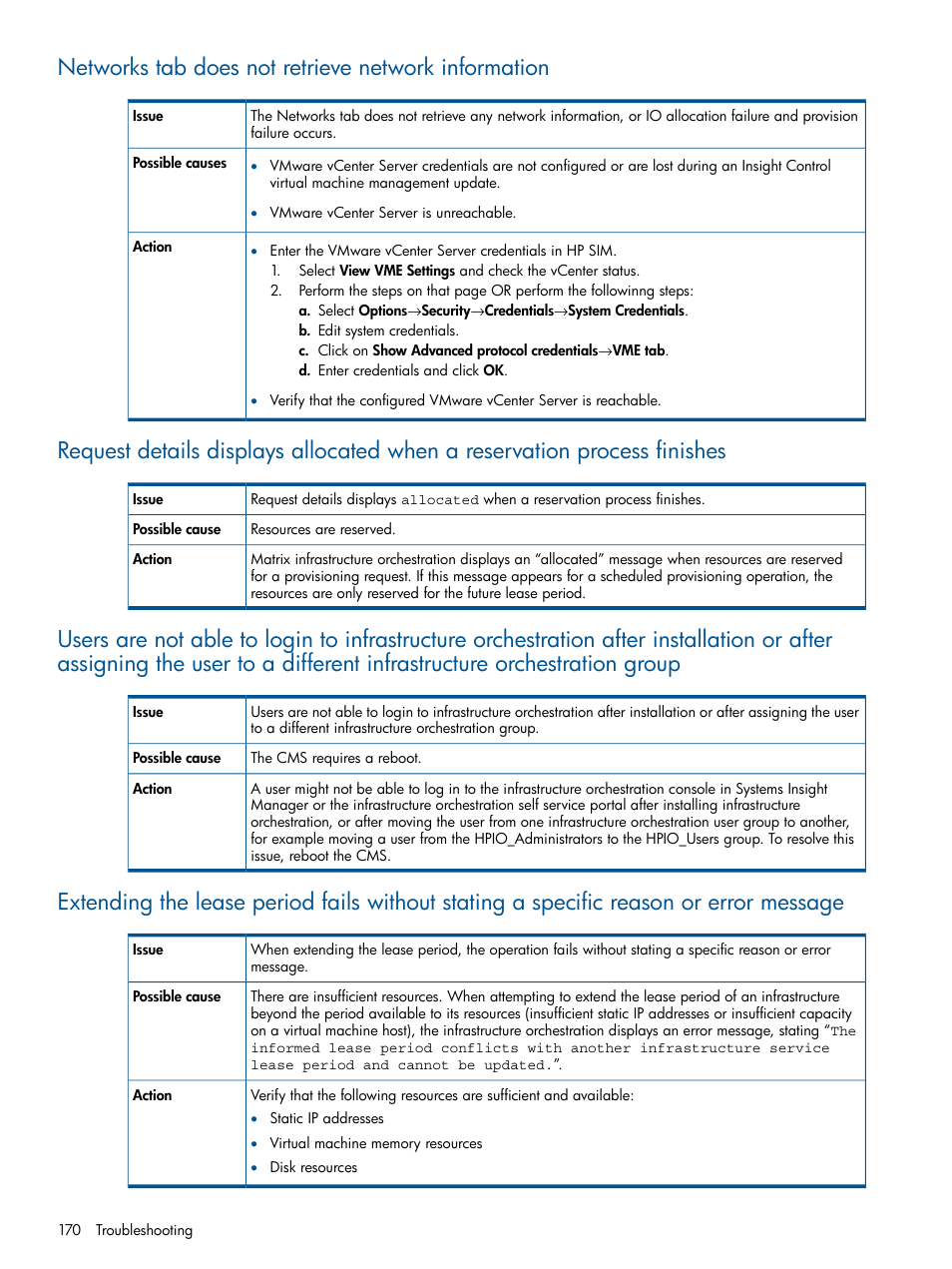 Networks tab does not retrieve network information | HP Matrix Operating Environment Software User Manual | Page 170 / 209