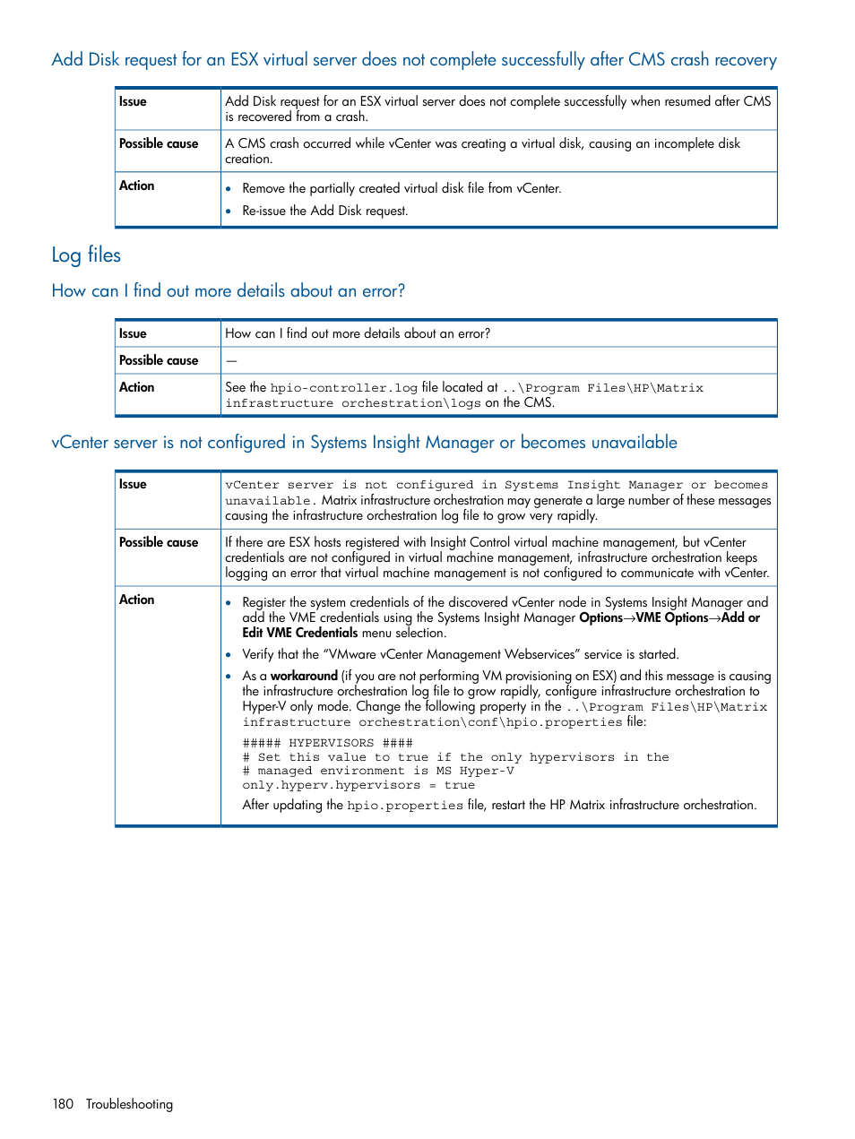 Log files, How can i find out more details about an error | HP Matrix Operating Environment Software User Manual | Page 180 / 209