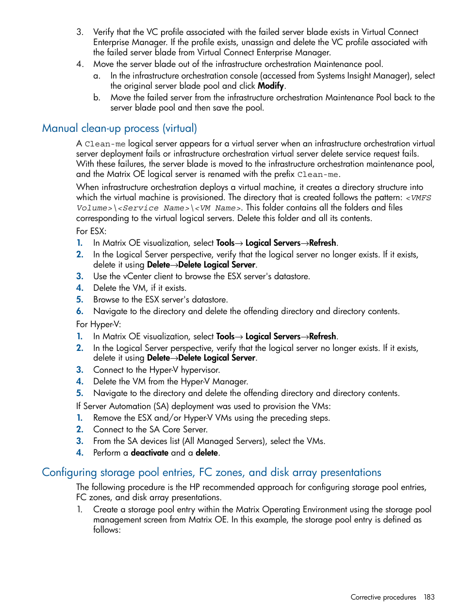 Manual clean-up process (virtual), Configuring storage | HP Matrix Operating Environment Software User Manual | Page 183 / 209