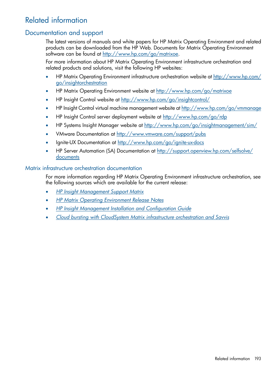 Related information, Documentation and support, Matrix infrastructure orchestration documentation | HP Matrix Operating Environment Software User Manual | Page 193 / 209