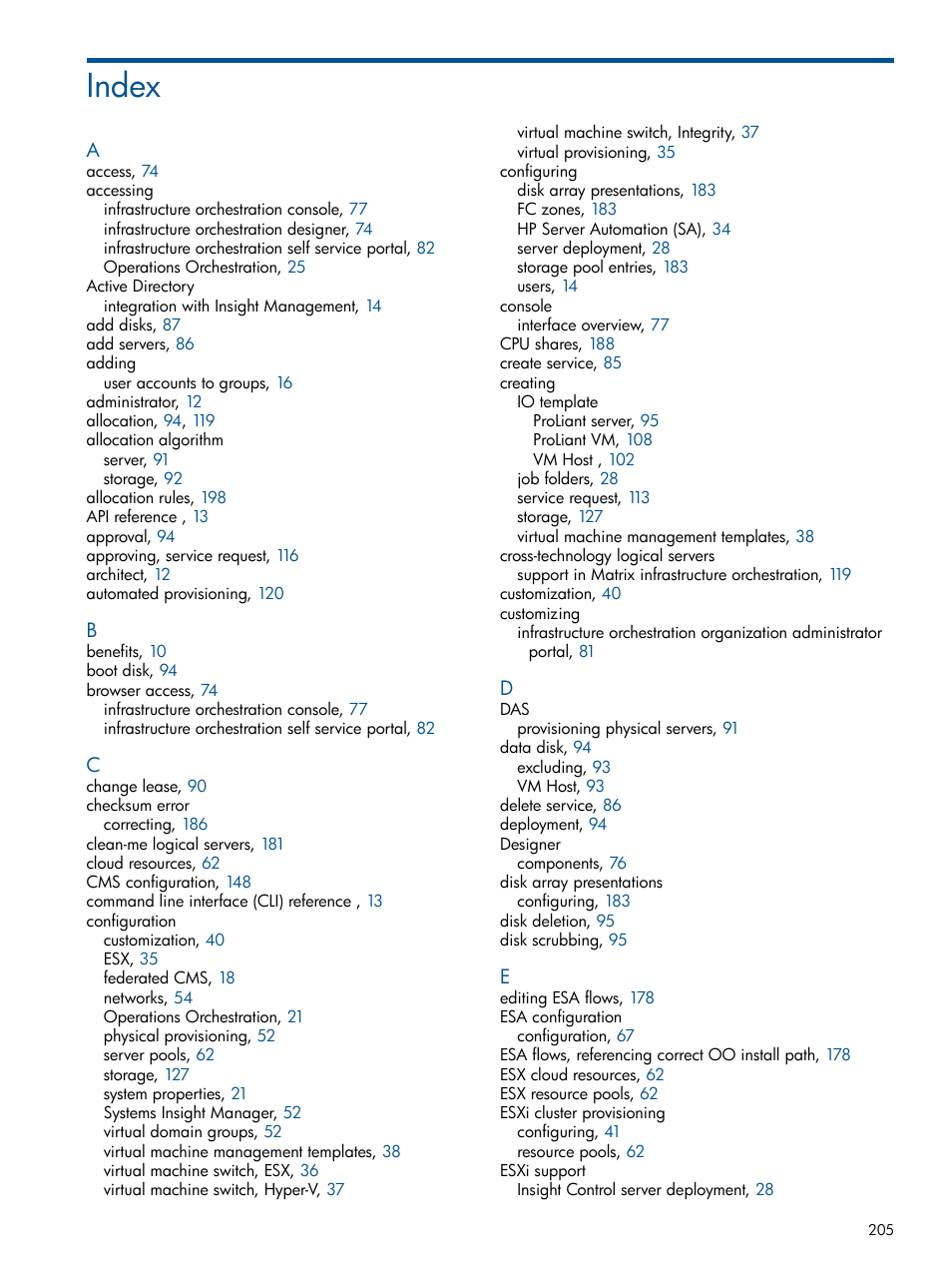 Index | HP Matrix Operating Environment Software User Manual | Page 205 / 209