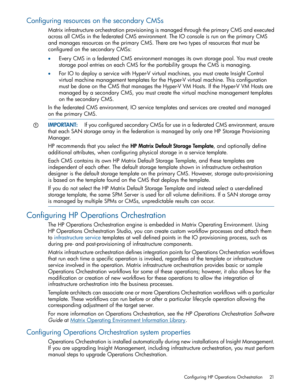 Configuring resources on the secondary cmss, Configuring hp operations orchestration | HP Matrix Operating Environment Software User Manual | Page 21 / 209