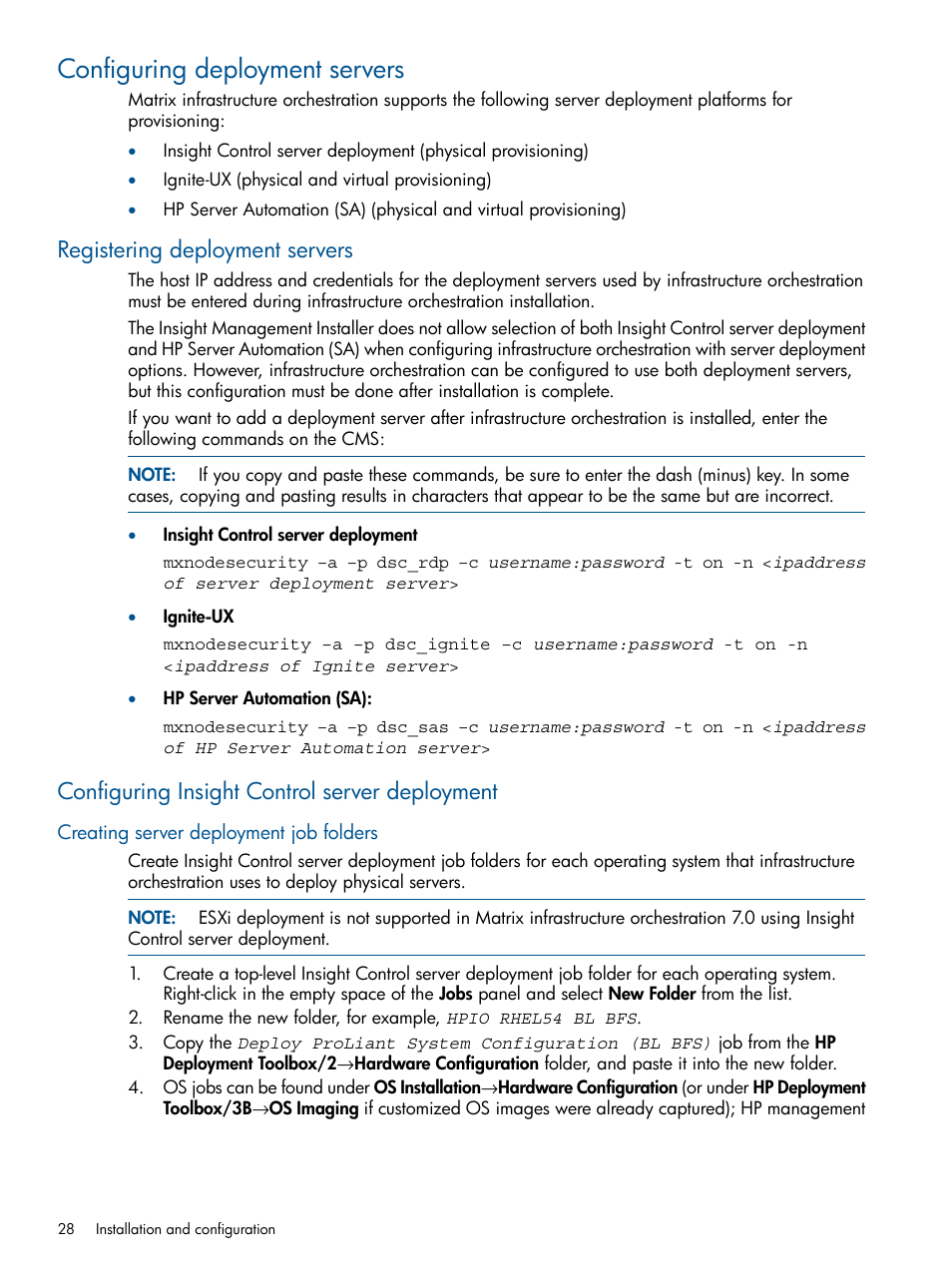Configuring deployment servers, Registering deployment servers, Configuring insight control server deployment | Creating server deployment job folders | HP Matrix Operating Environment Software User Manual | Page 28 / 209